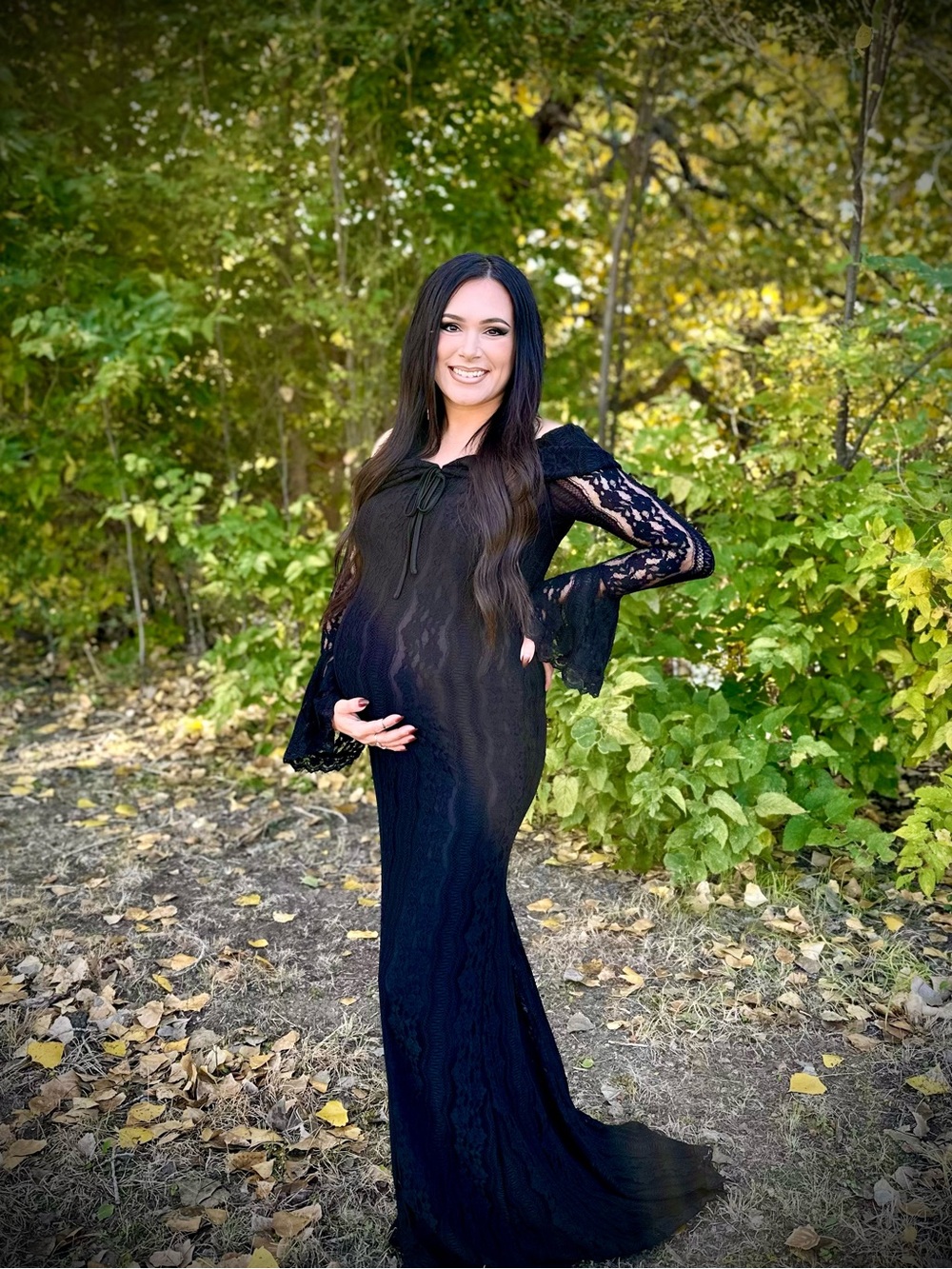 Shein black lace maternity off shoulder gown dress M